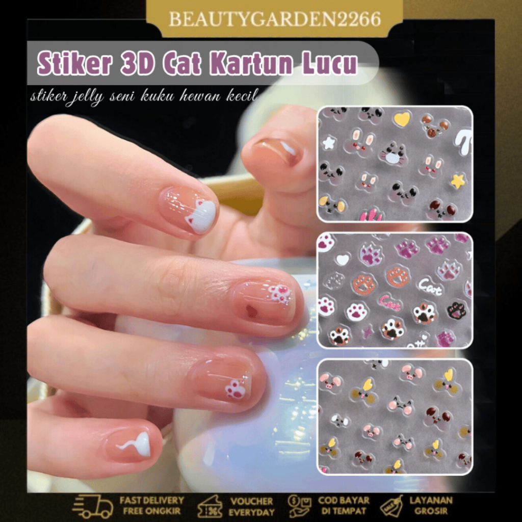 [ COD ] Stiker Kuku 3D Motif Hewan Kartun Lucu/Stiker Jelly Nail Art Relief Cat Claw Gaya Jepang/Kuc