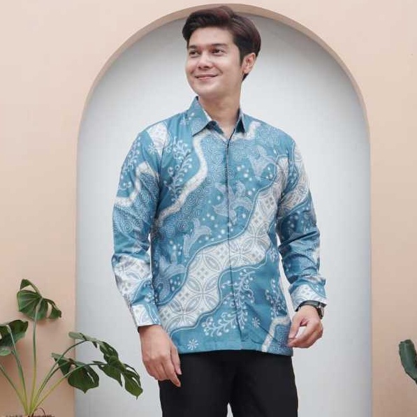 KODE O37Q Batik Semarmesem  Kemeja Baju Batik Pria Lengan Panjang Size M L XL XXL Biru Langit Motif 