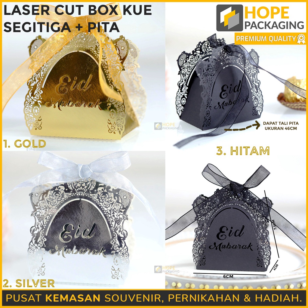

PRODUK TREND Kemasan Kotak Lasercut Box Kue Segitiga Pita Box Eid Mubarak Uk Kecil