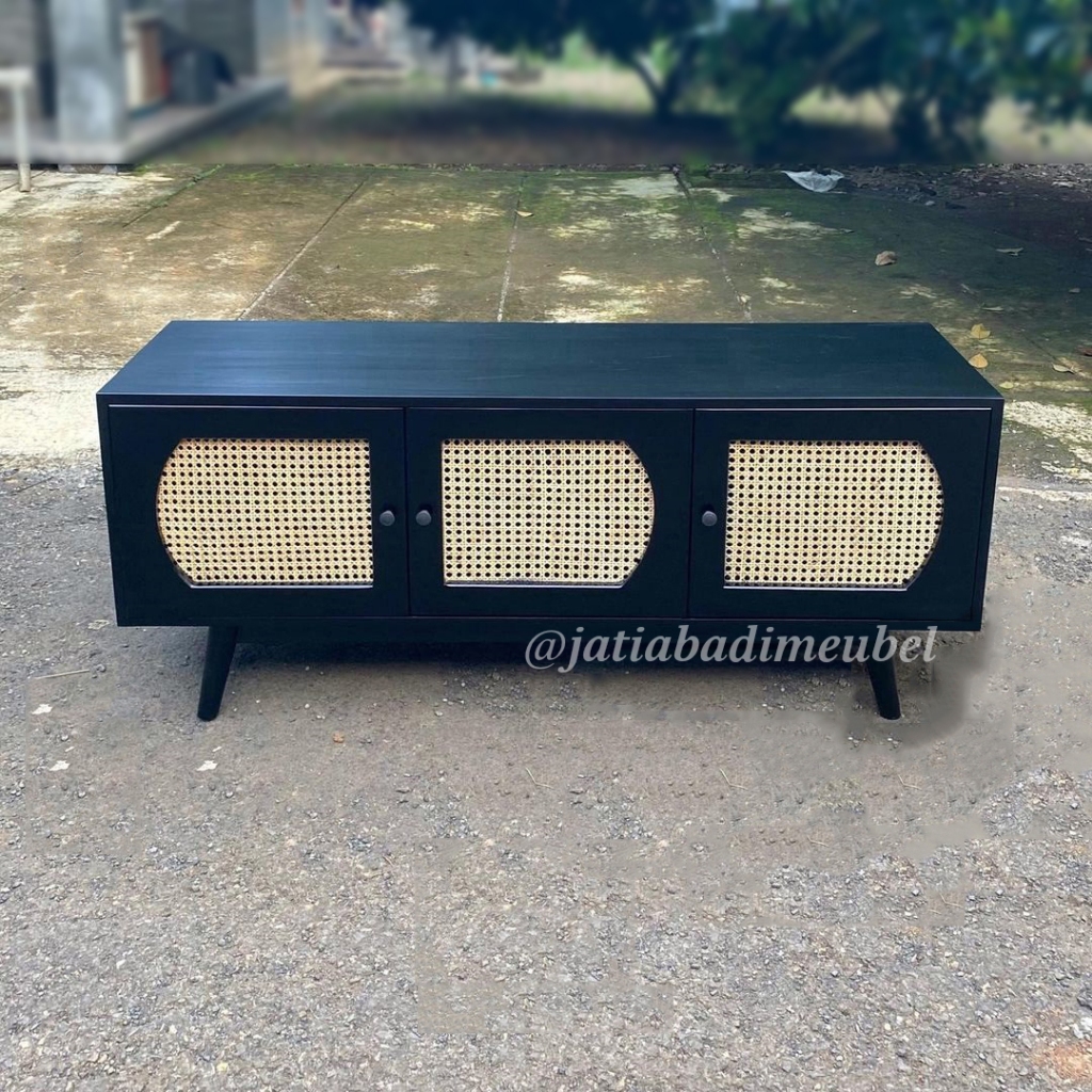 Bufet Tv Retro Kayu Jati Mix Rotan | Meja Tv Buffet Rak Tv Rotan Minimalis Kayu Jati | Cabinet Tv Ja