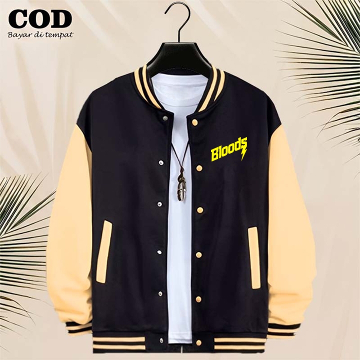 BISA COD Jaket Bomber Varsity Baseball Kancing Bloods Text Kuning Jaket Varsity Pria / Baseball Dist