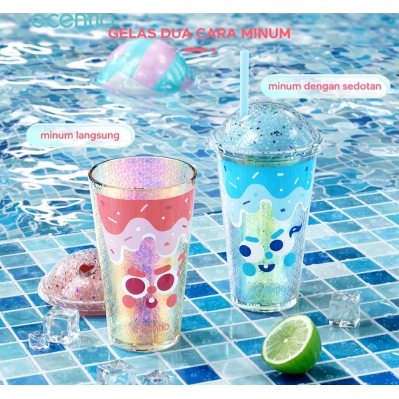 Ecentio Cup Gelas Kaca Blue 450ml Free Sedotan Glass Cup Gelas Kaca ecentio
