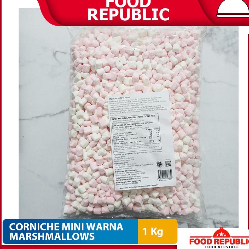 

KODE 87FLN CORNICHE MINI MARSHMALLOW 1 KG MARSHMALLOW WARNA HALAL BEST SELLER