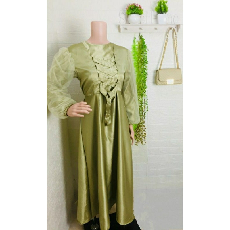 DRESSMODE DRESS WANITA KEKINIAN DRESS MODERN ARTICLE SATEN GREEN SAGE
