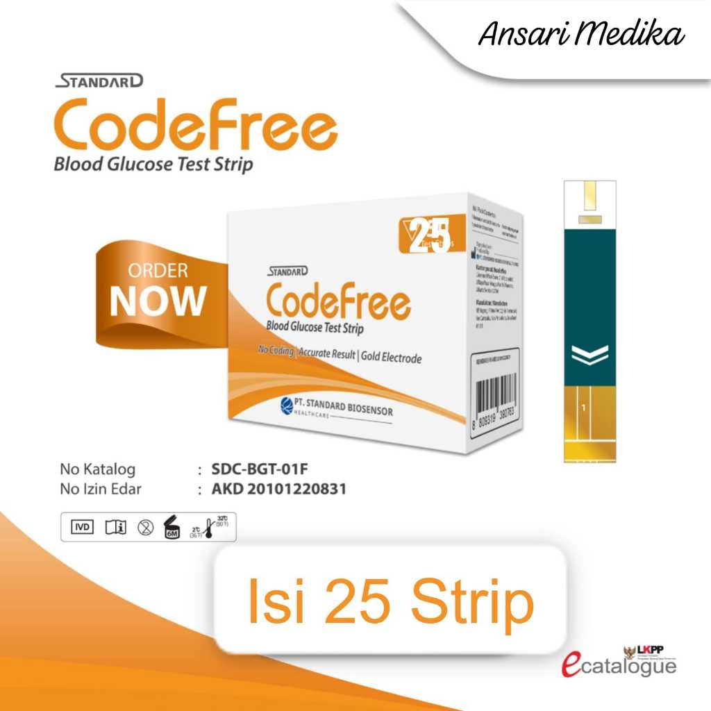 SD BIOSENSOR CODEFREE BLOOD GLUCODE TEST STRIP GULA DARAH CODEFREE ISI 25 STRIP