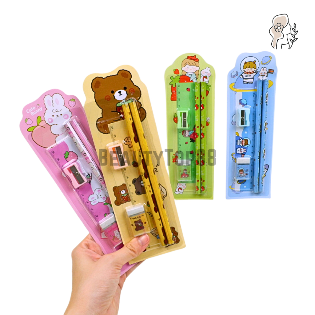 

Paket Alat Tulis 5 in 1 / Mini Stationery Set / Perlengkapan Sekolah Pensil Serutan Penghapus Penggaris