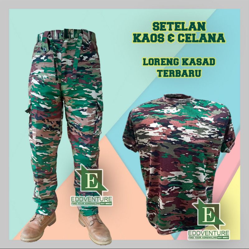 Satu Set Setelan Baju Kaos Dry Fit Lengan Pendek Celana Panjang Pdl Cargo Pria Loreng Kasad Terbaru 