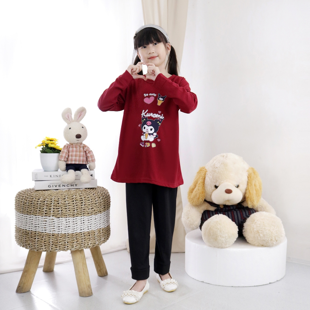 Setelan Anak Tunik Lengan Panjang Motif Kuromi Kekinian Umur 3-11 Tahun