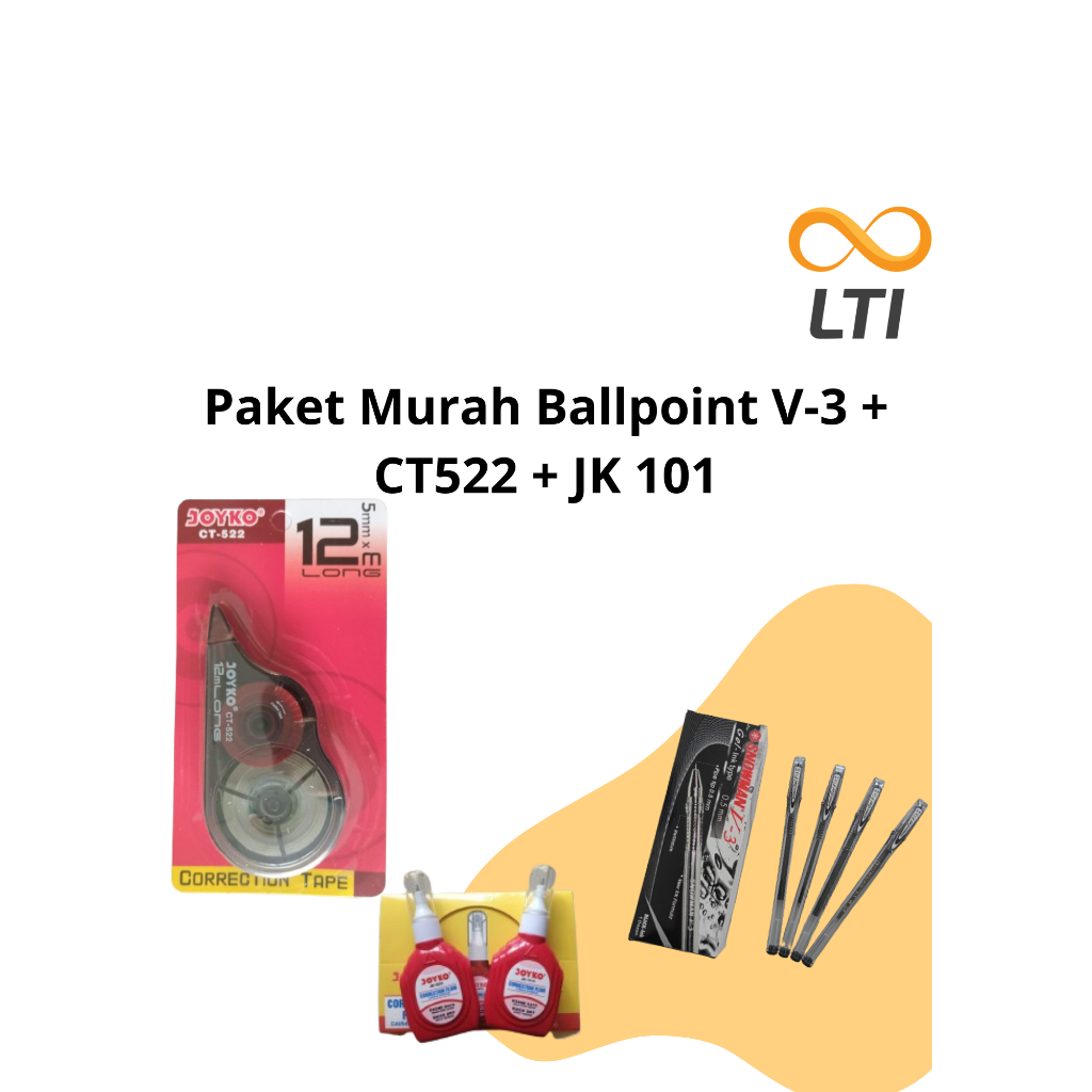 

Paket Murah 2pcs ballpoint V3, 1pcs Correction Tape Joyko CT-522 12 M, 1pcs Correction Tipe X Joyko JK-101