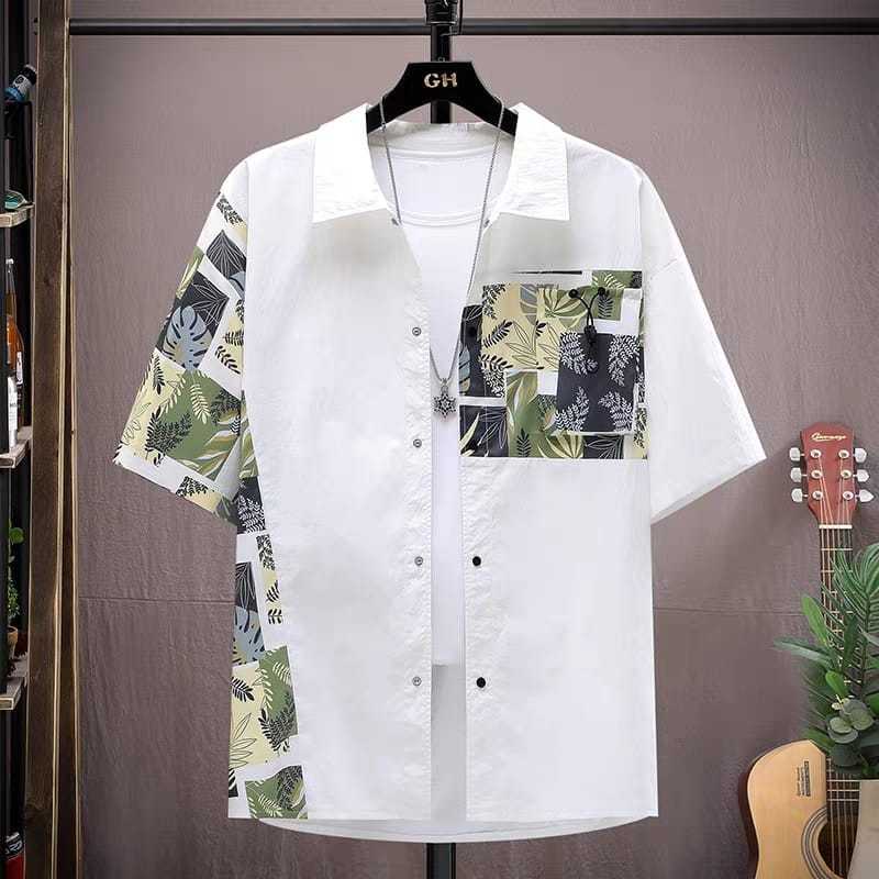 Kemeja Pria Lengan Pendek Leaves Motif Sablon