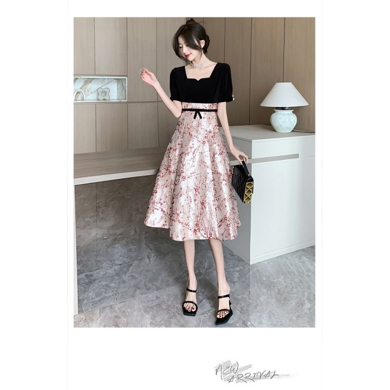 Dress wanita motif bunga cantik atasan hitam Korea lengan pendek