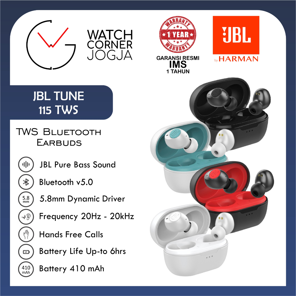 JBL Tune 115TWS / T115 TWS / T115TWS Pure Bass Bluetooth Earphone Earbuds ORIGINAL GARANSI RESMI IMS