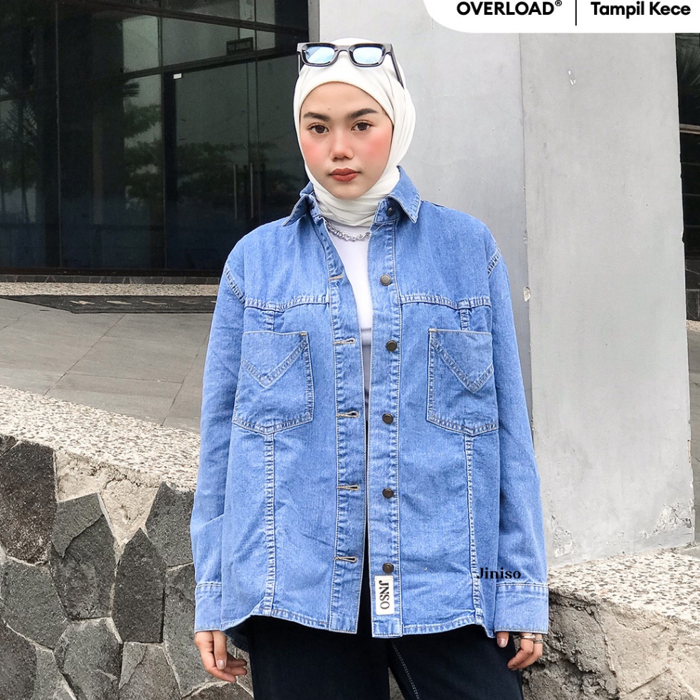 Terbaik JINISO Jaket Jeans Oversize Safari Baby Blue