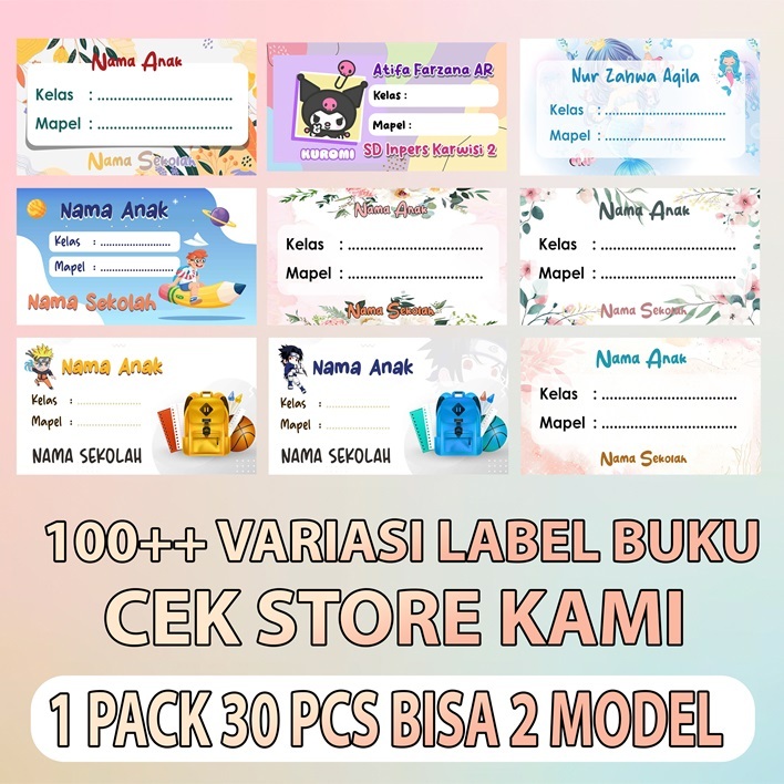 

30 pcs Stiker Label Buku Pelajaran Sekolah cantik Keren Lucu Macam Macam Tema Bebas Pilih Campur