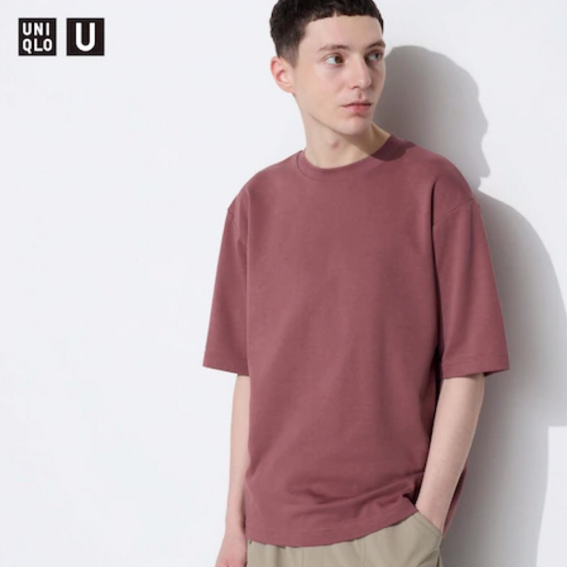 UNIQLO U AIRism Men T-Shirt Kaos Pria Katun Oversized Lengan 1/2 Red