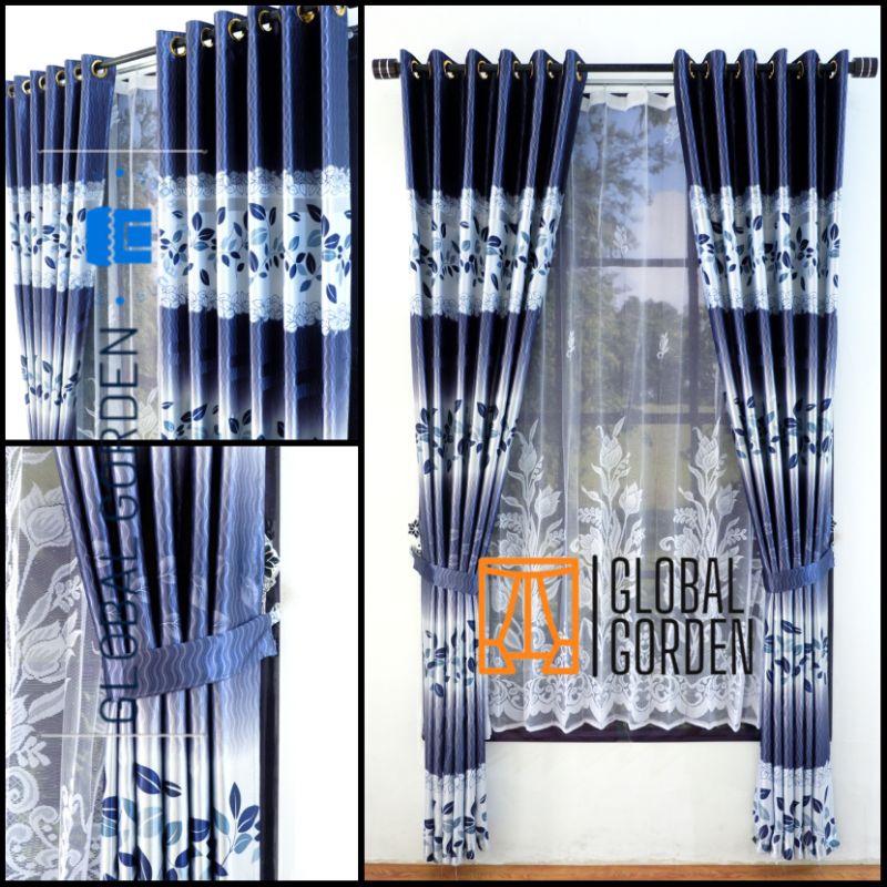 Gorden Blackout motif daun import tebal Aesthetic pintu jendela panjang 230cm