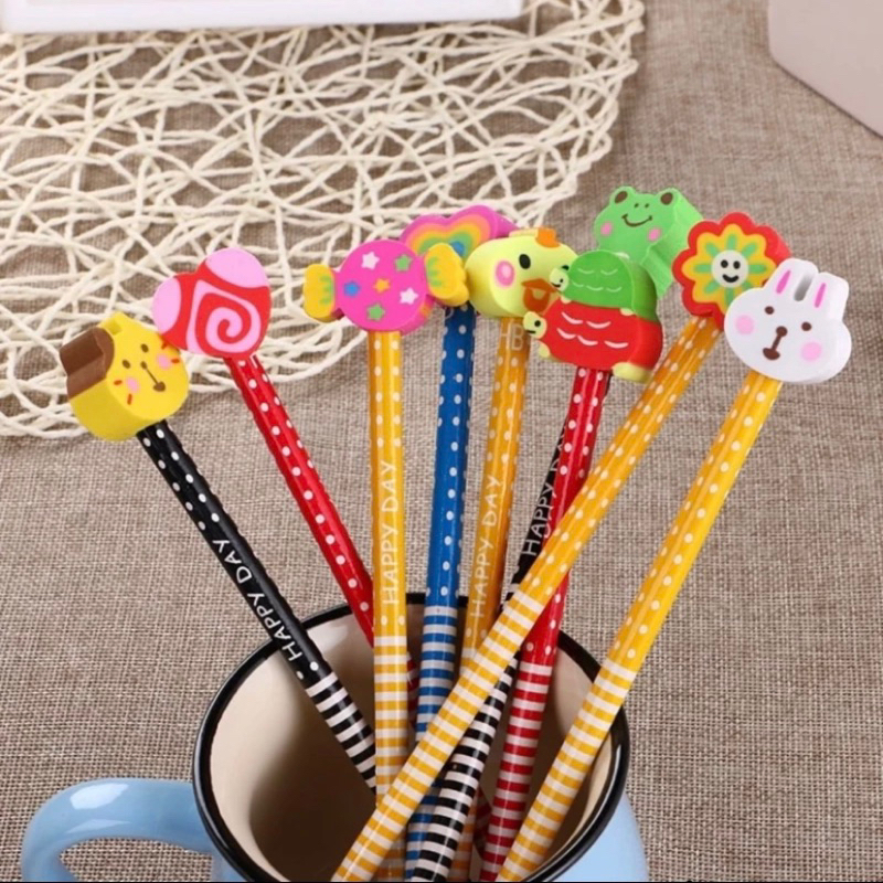 

Pensil Karakter Kartun Cute Motif Garis Polkadot Pensil Karakter Penghapus Pensil Lucu Ada Penghapus 3D Pensil Fancy Unik
