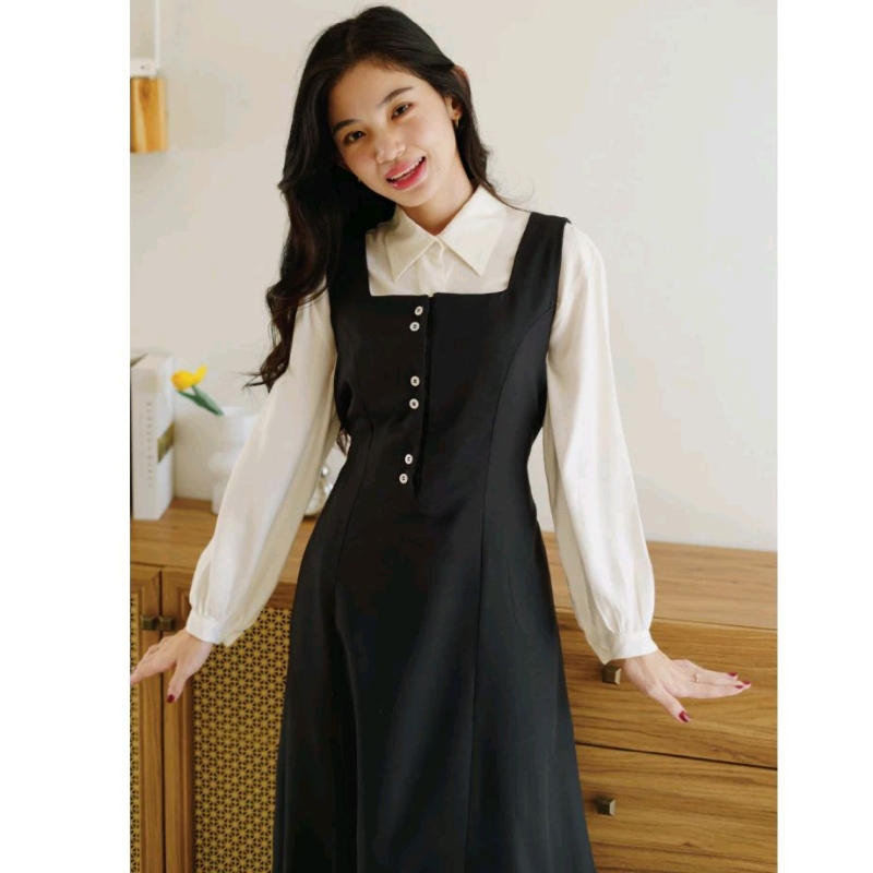 BLACK-WHITE OVERALL DRESS BLOUSE GAUN GAYA KOREA COTTAGECORE AESTHETIC VINTAGE ARA DRESS