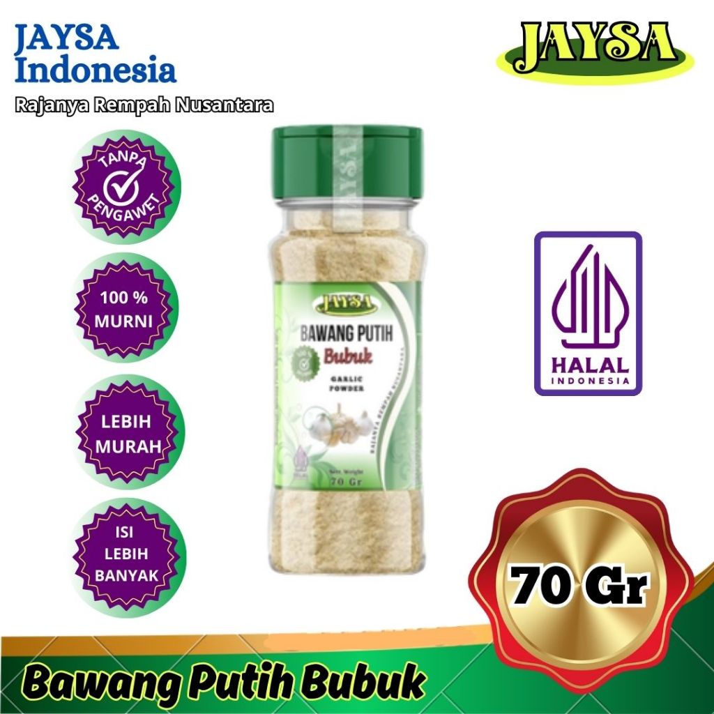 

JAYSA Bawang Putih Bubuk 70 gr / Garlic Powder / Bawang Putih Bubuk / Garlic Powder Grade A / Bubuk Bawang Putih / Premium Garlic Powder / Bawang Putih Bubuk Premium / Bawang Putih Bubuk Halal / Bawang Putih Berualitas