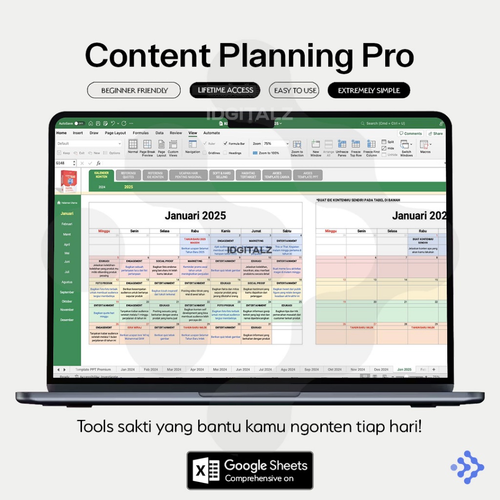 [T093] Content Planning Pro Template Google Sheets | Kalender Konten Sosial Media, 4000+ Desain, Cap