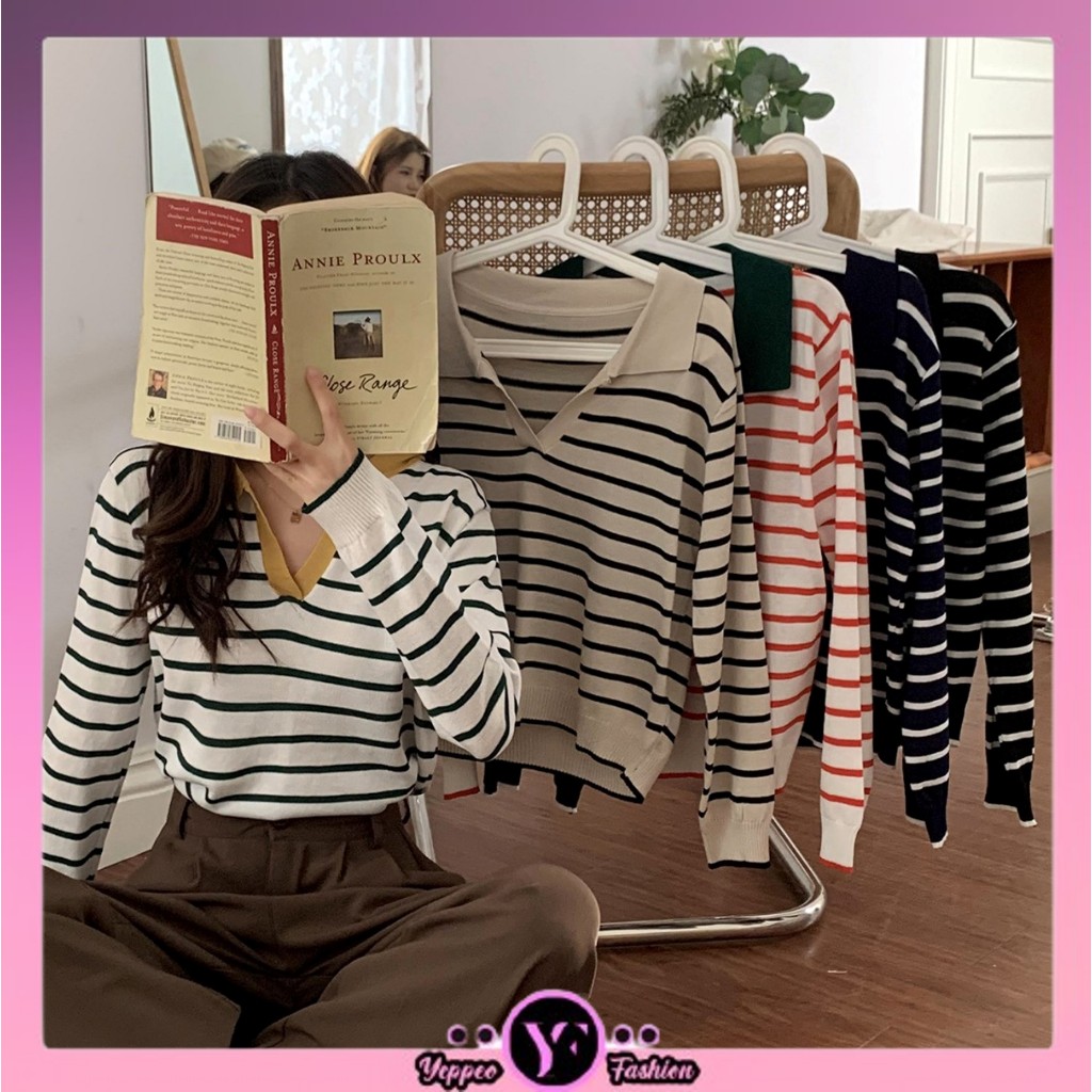 •YF•BJ1618 Baju Knitwear Sweater Crop Rajut Sweater Garis Bahan Rajut  CropTop Lengan Panjang