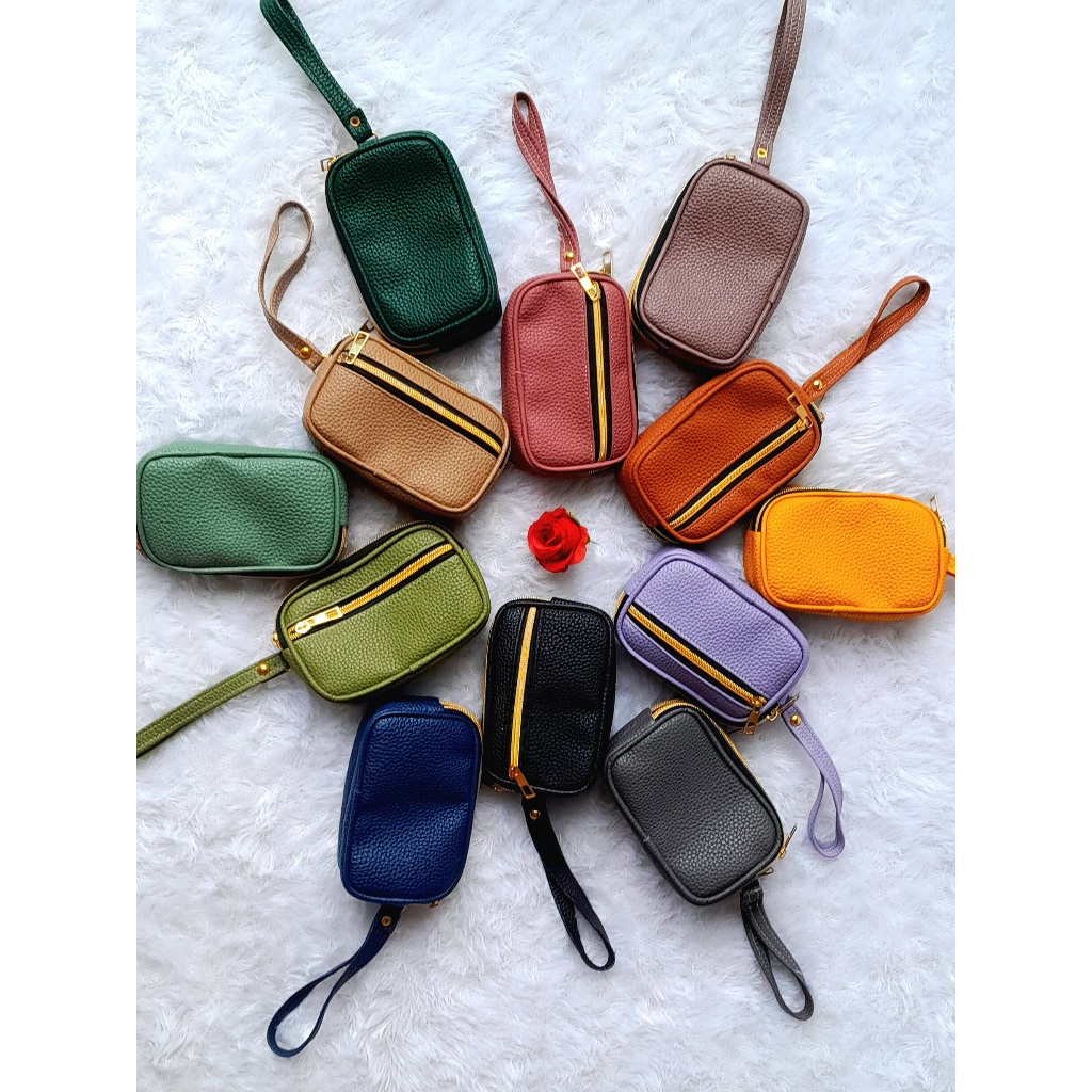 Dompet Koin Wanita 3 Resleting Papirut Kulit Jeruk Sintetis