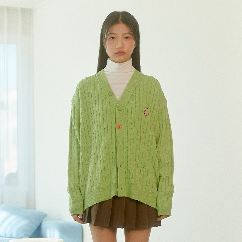 (PO KOREA) AQO STUDIO - AQO BEAR CABLE CARDIGAN GREEN - ORIGINAL KOREA