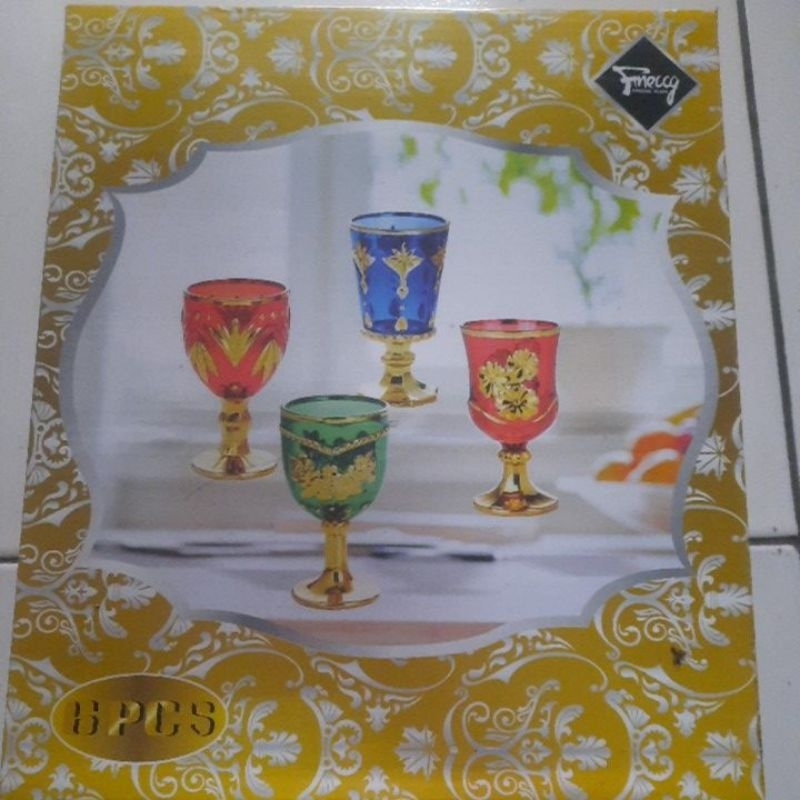 Eskan Set Fineccy 6pcs warna biru merah hijau / Gelas Set Besar / Gelas Hias