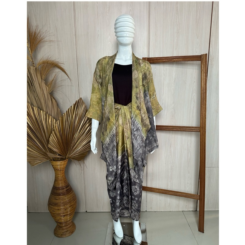 One set Jumputan eco print | outer rok lilit baju siap pakai