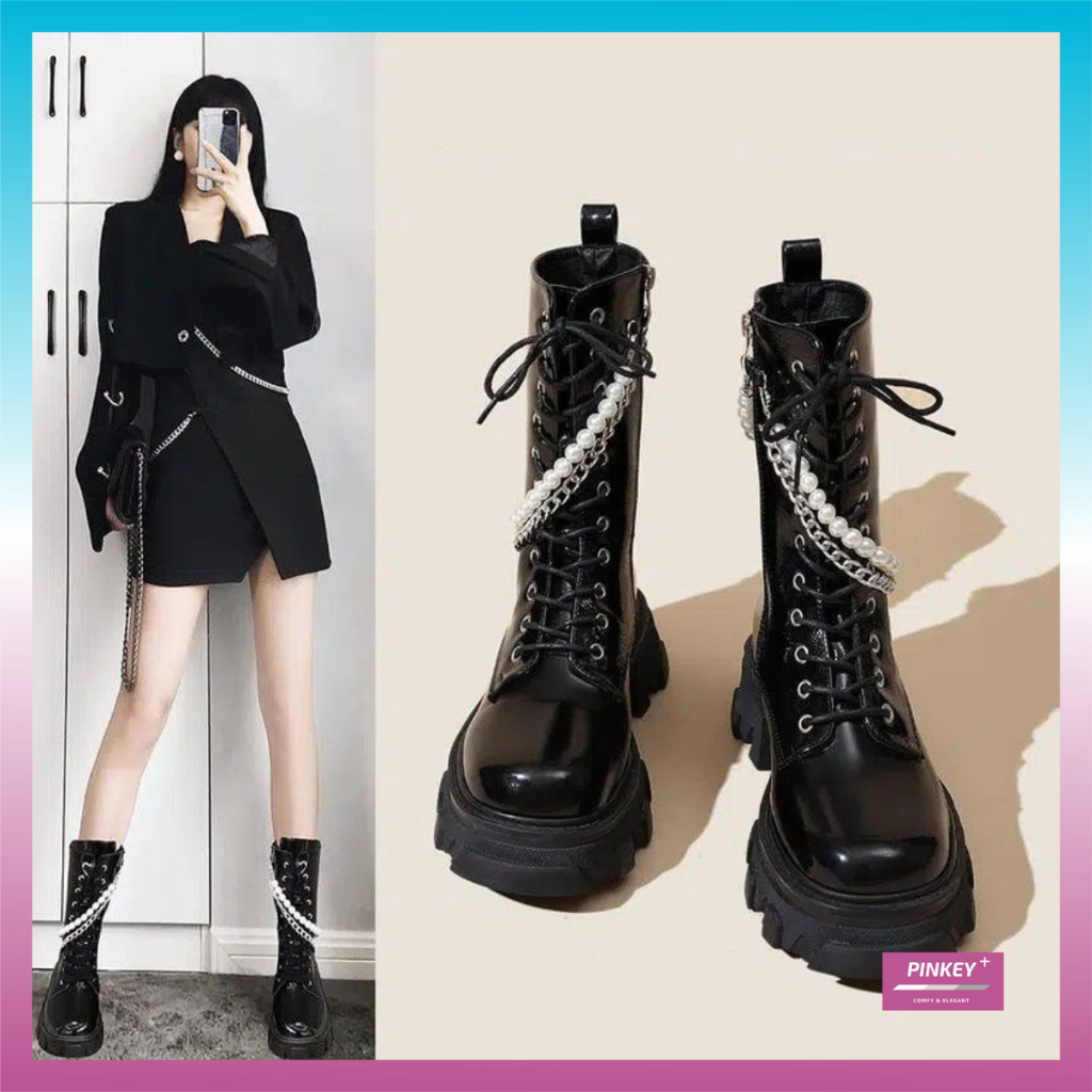 PINKEY P261 Sepatu Boots Wanita Sepatu Kulit Tinggi Sebetis Ori/Black