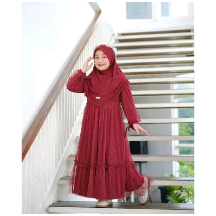 Gamis Muslim Alvira Kids Set Khimar Anak Prempuan Usia 5-12 Tahun M.L.XL Bahan Cringkle Mix Tile Dot