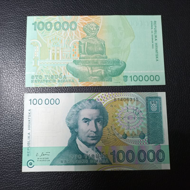 uang asing kroasia 100000 dinara kondisi mulus gress