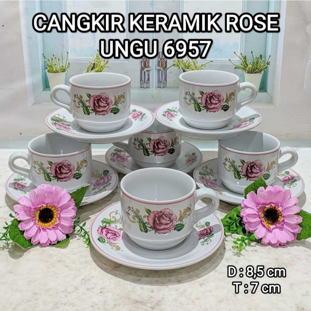 Cangkir Keramik Rose Ungu Hijau Oren / Set Cangkir Keramik / Cangkir Set / Cangkir Keramik Mawar Set