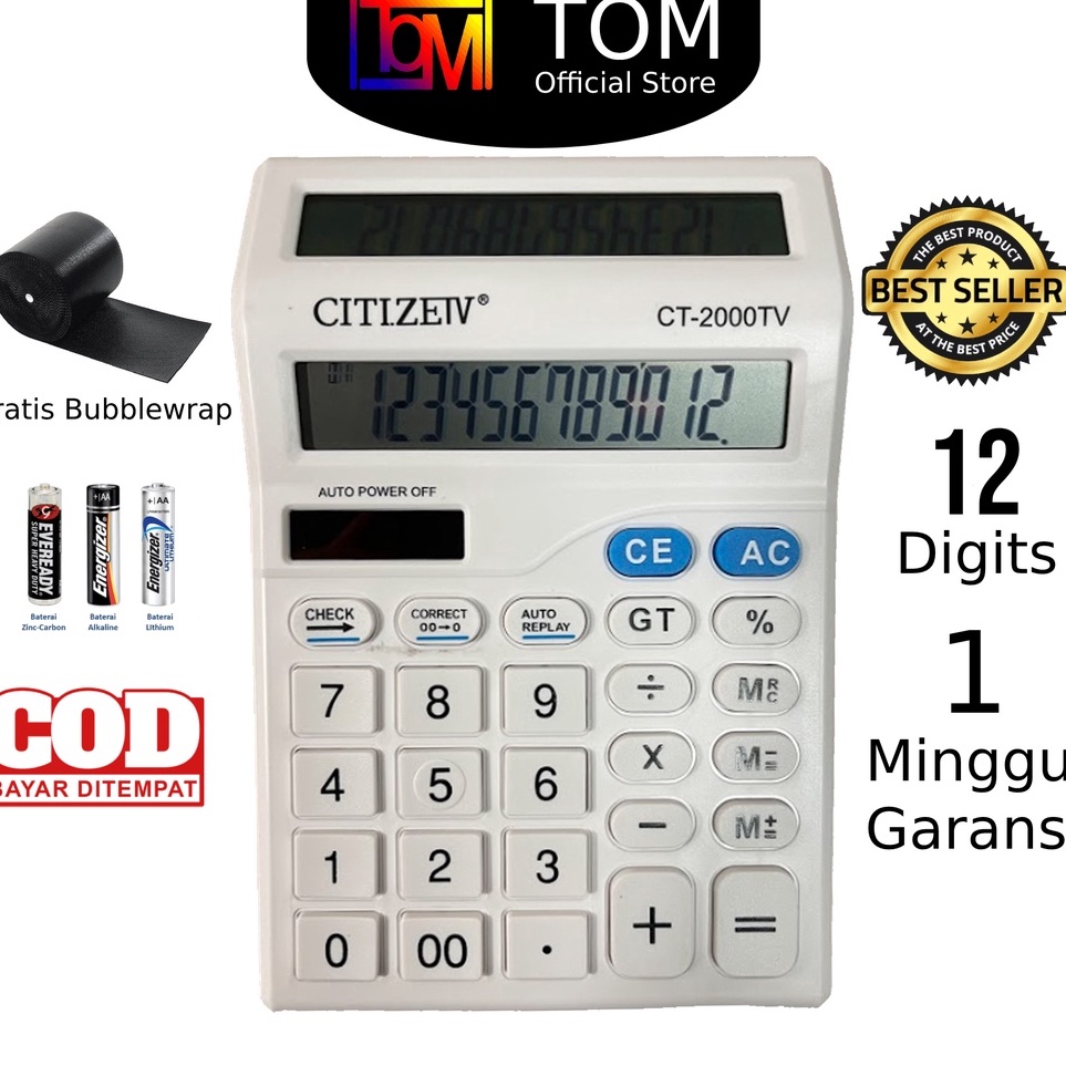 

KODE P34H Kalkulator 2 Layar CT2TV 12 Digit Calculator Check Dual 2 Power