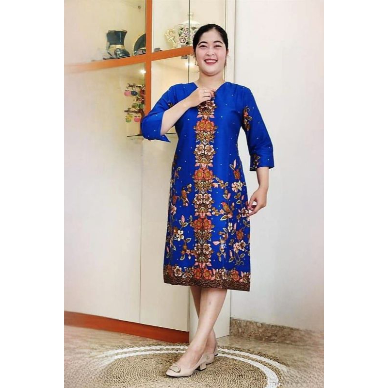 DRESS BATIK JUMBO TERBARU - ATASAN BATIK WANITA KEKINIAN - BAJU BATIK KERJA WANITA WARNA BIRU