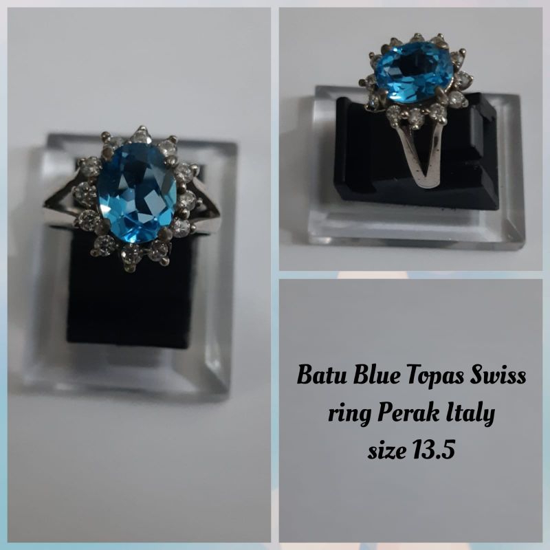 Cincin batu blue topas swiss ring perak italy