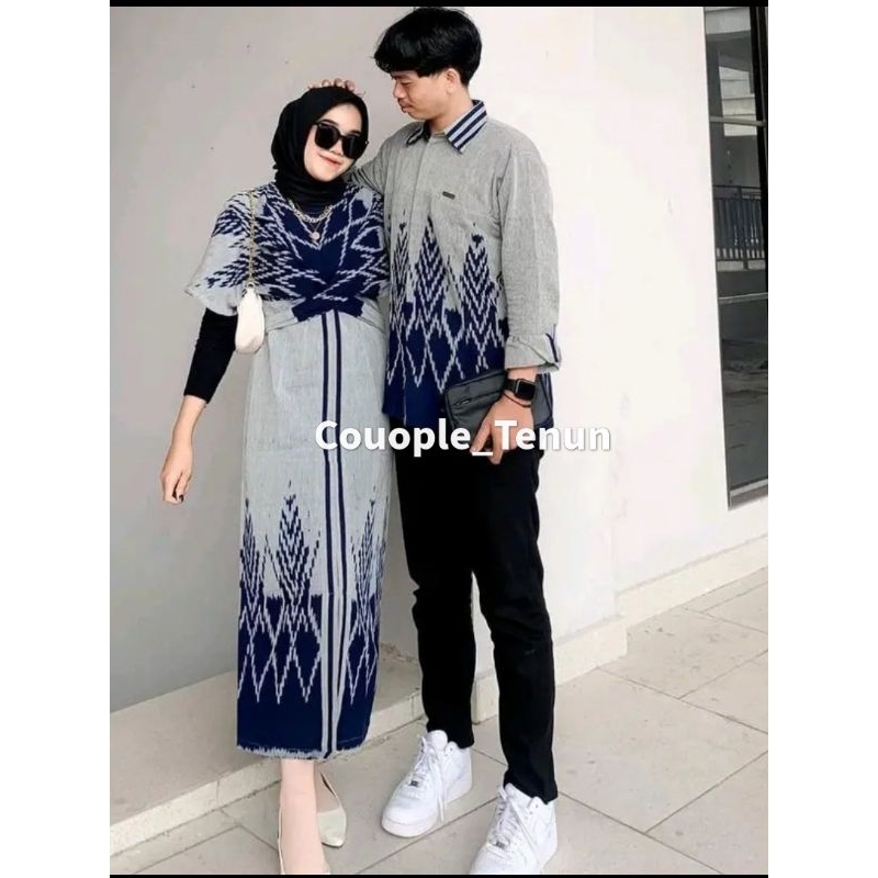 Set Couple Tenun Clara Dres Abu Navy Baju pasangan pria wanita kondangan prewedding imlek natal leba
