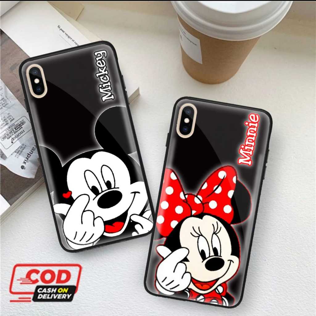 XIAOMI REDMI 9T , MI 10T , MI 10T PRO PREMIUM SOFT CASE GLASS MOTIF MICKEY MINNIE MOUSE COUPLE
