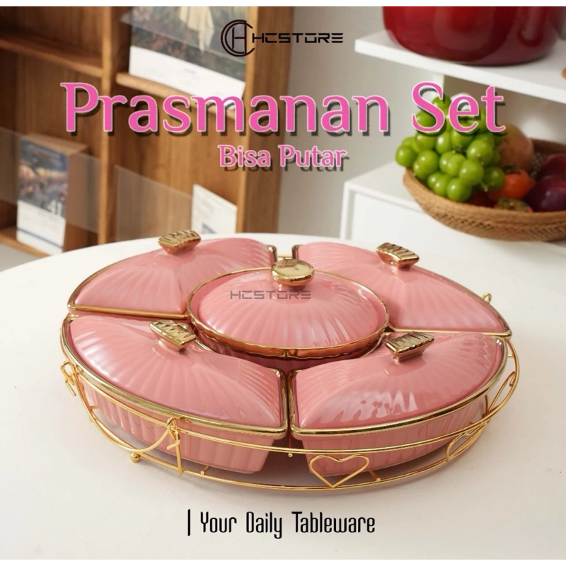 Set Prasmanan Besar Putar Keramik Isi 5 Item Dengan Rak Gold Mewah Anti Luntur
