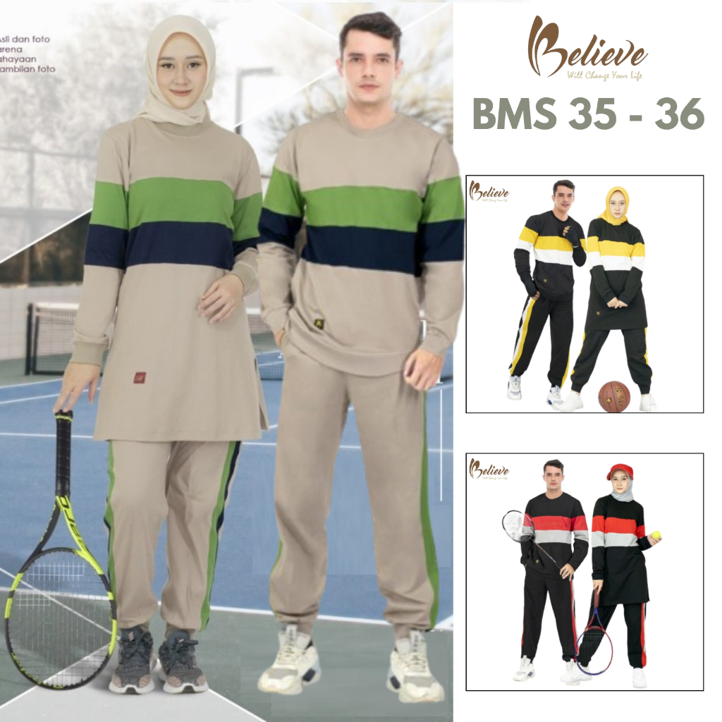 Believe BMS 35 BMS 36 Couple Setelan Baju Olahraga Wanita Pria Laki Laki Muslim Kaos Katun Combed