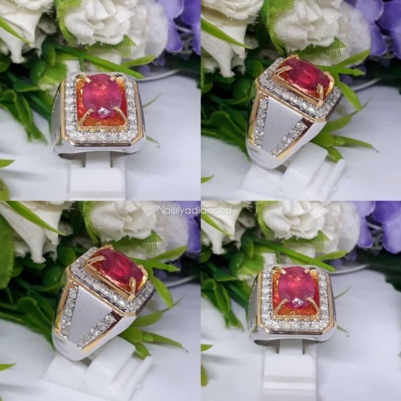 Cincin berlian pria natural merah ruby asli