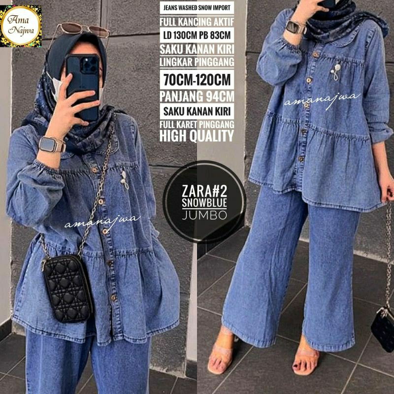 Zarra#2 One Set Setelan Super Jumbo Celana Tunik Jeans Snow Ld 130 Fit XXXL By Amj
