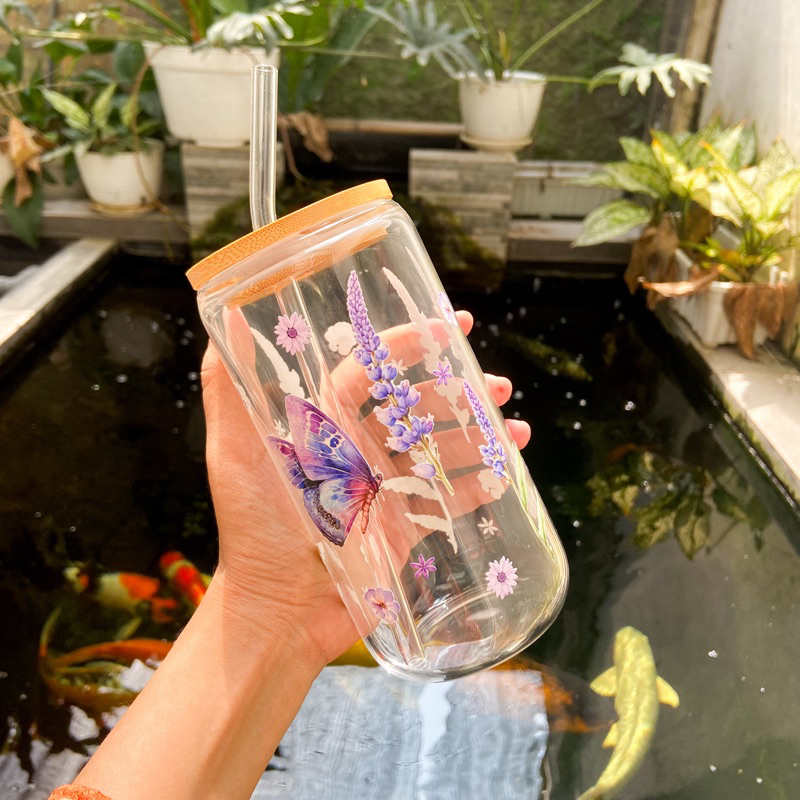 Gelas Kaca Aesthetic Ala Korea Tumbler Aesthetic Korea Tutup Kayu Gift Unik Kekinian
