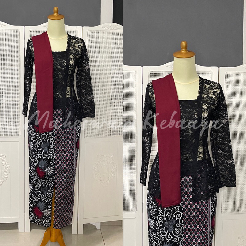 Kebaya Bali Set Brukat Panjang Hitam Selendang