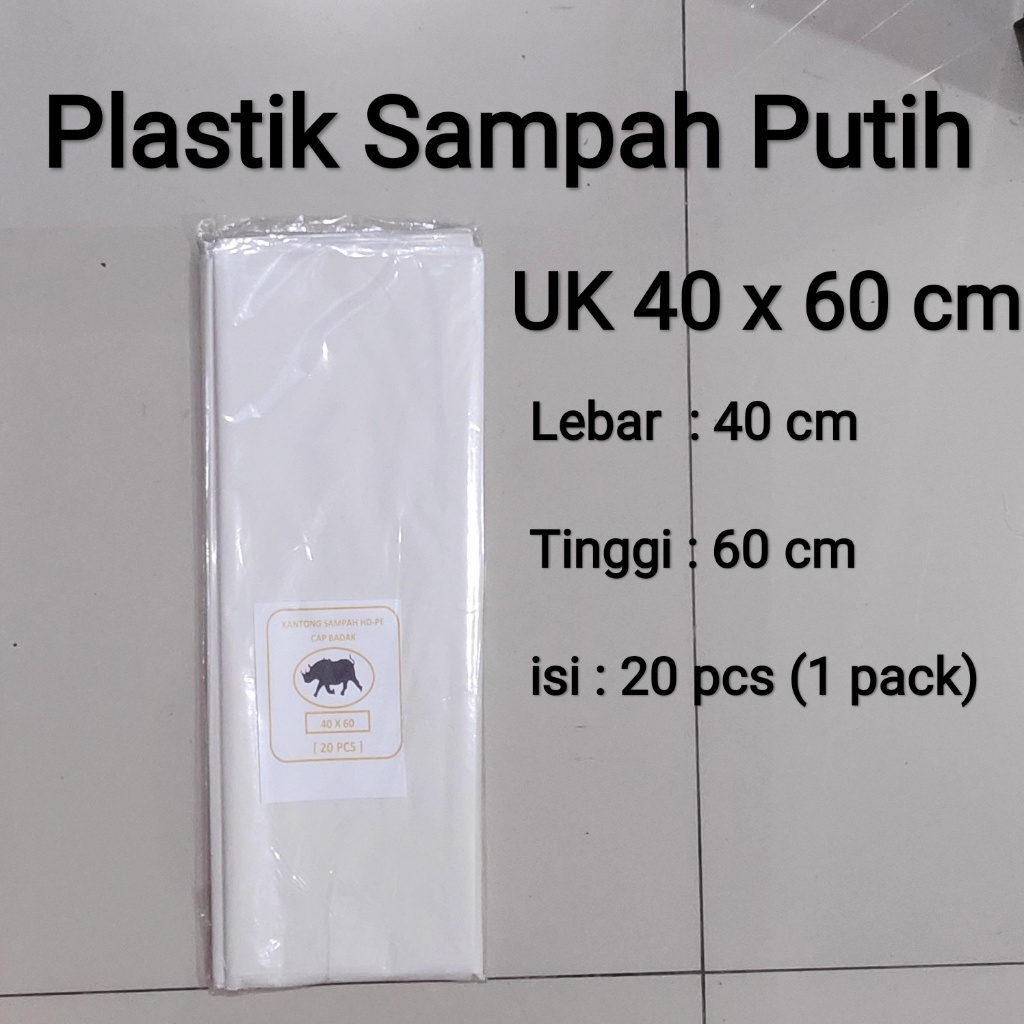 1 pack, plastik sampah putih 40x60 @20pcs, kantong plastik sampah putih, plastik putih, plastik puti