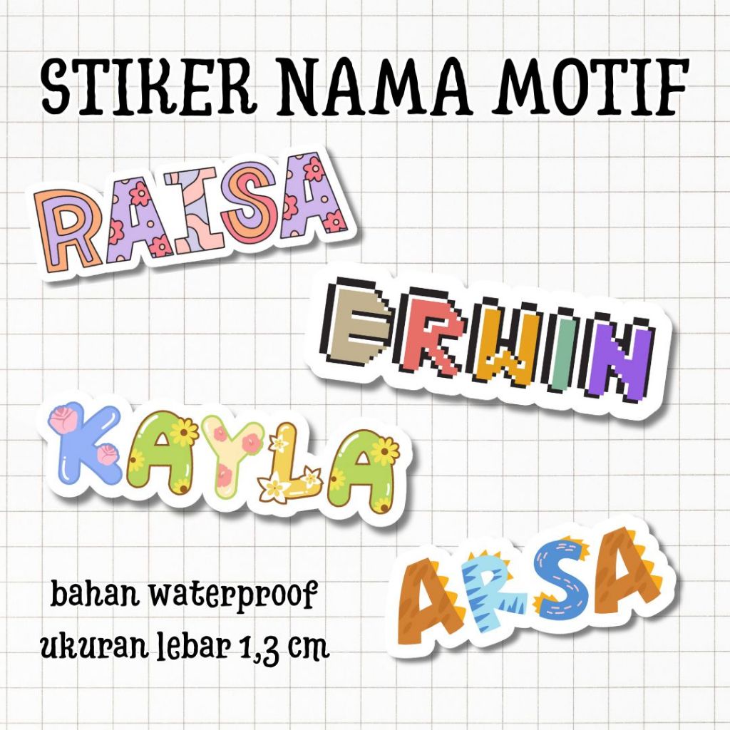 

[30 pcs] Stiker Nama Motif Lucu Anti Air Waterproof