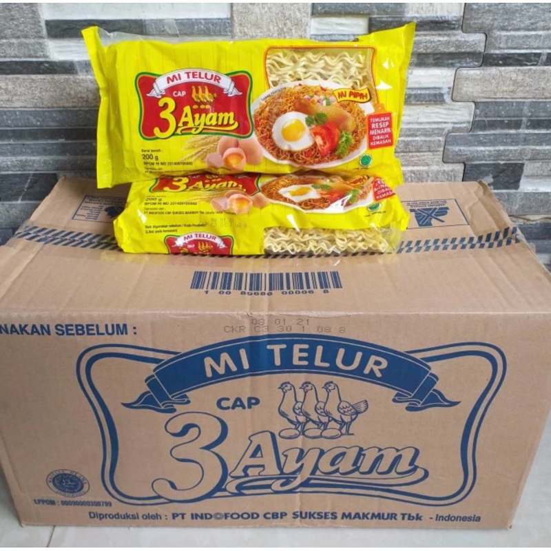 

Mi Telur / Mie Telor Cap 3 Ayam per 1 Dus Dos Karton isi 20 pcs x 200 gr gram