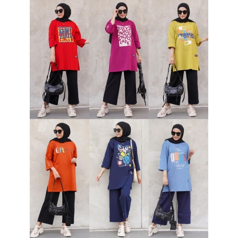 SET TUNIK OVERSIZE CELANA KULOT/BAHAN KAOS COMBED 20S