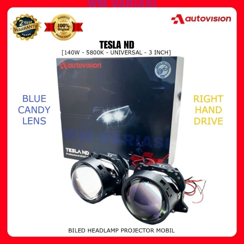 BiLED 3 Inch Tesla ND 140W LED Headlamp Projector 3" Blue Candy Lens 5800K RHD Lampu Depan Mobil