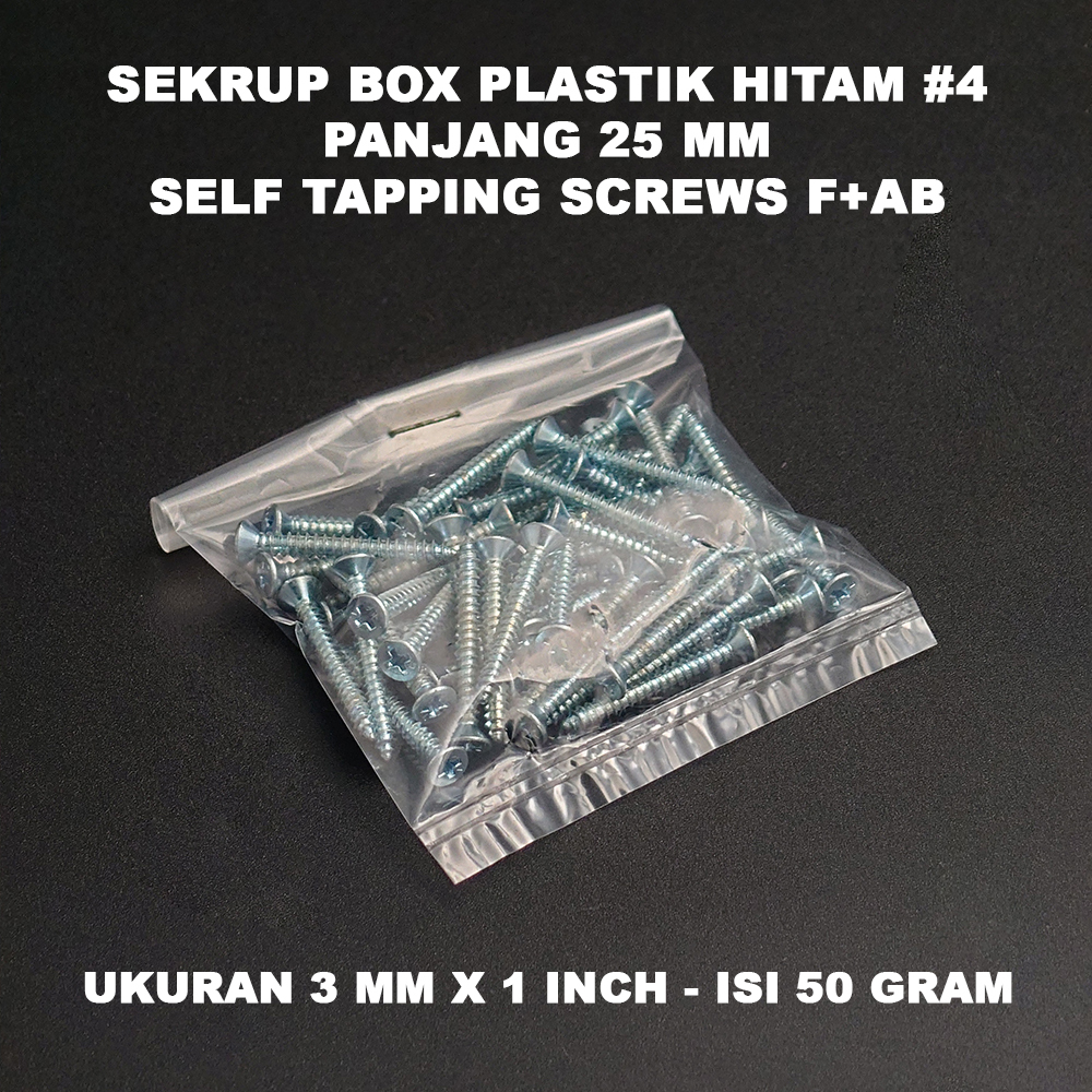 Isi 50 Gram - Sekrup Box Plastik Hitam #4 Panjang 25 mm - Self Tapping Screws F+AB ukuran 3 mm x 1 I